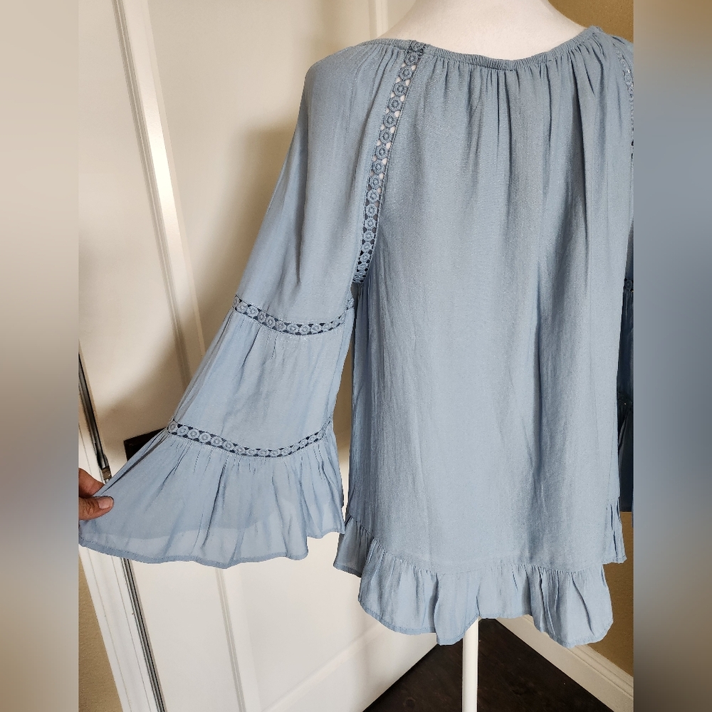 INC International Concepts Women's Ruffled Crochet-Trim Top, Blue,  Size Medium - Picture 8 of 8